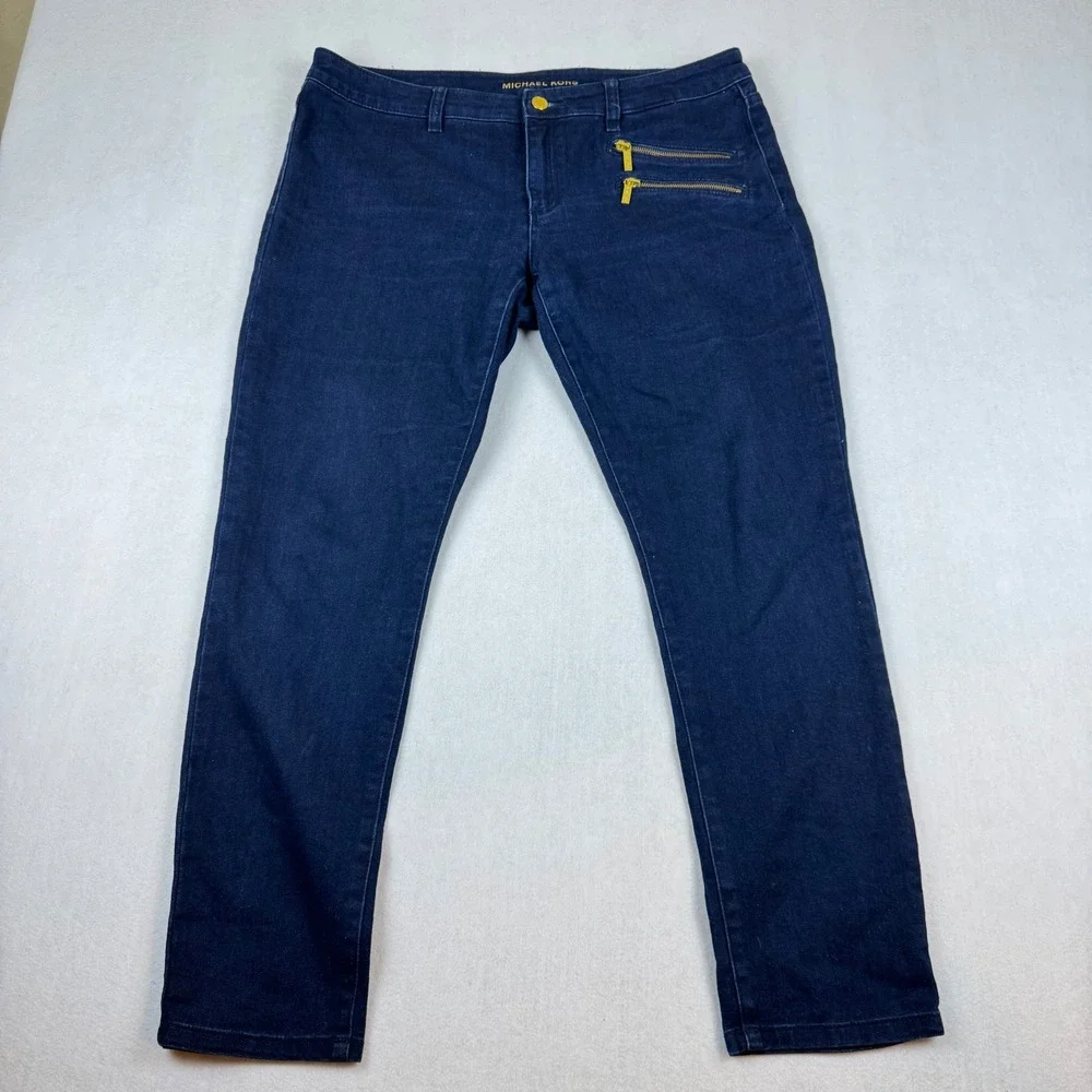 Michael Kors Womens Skinny Jeans Dark Wash Gold Zip Detail Size 12